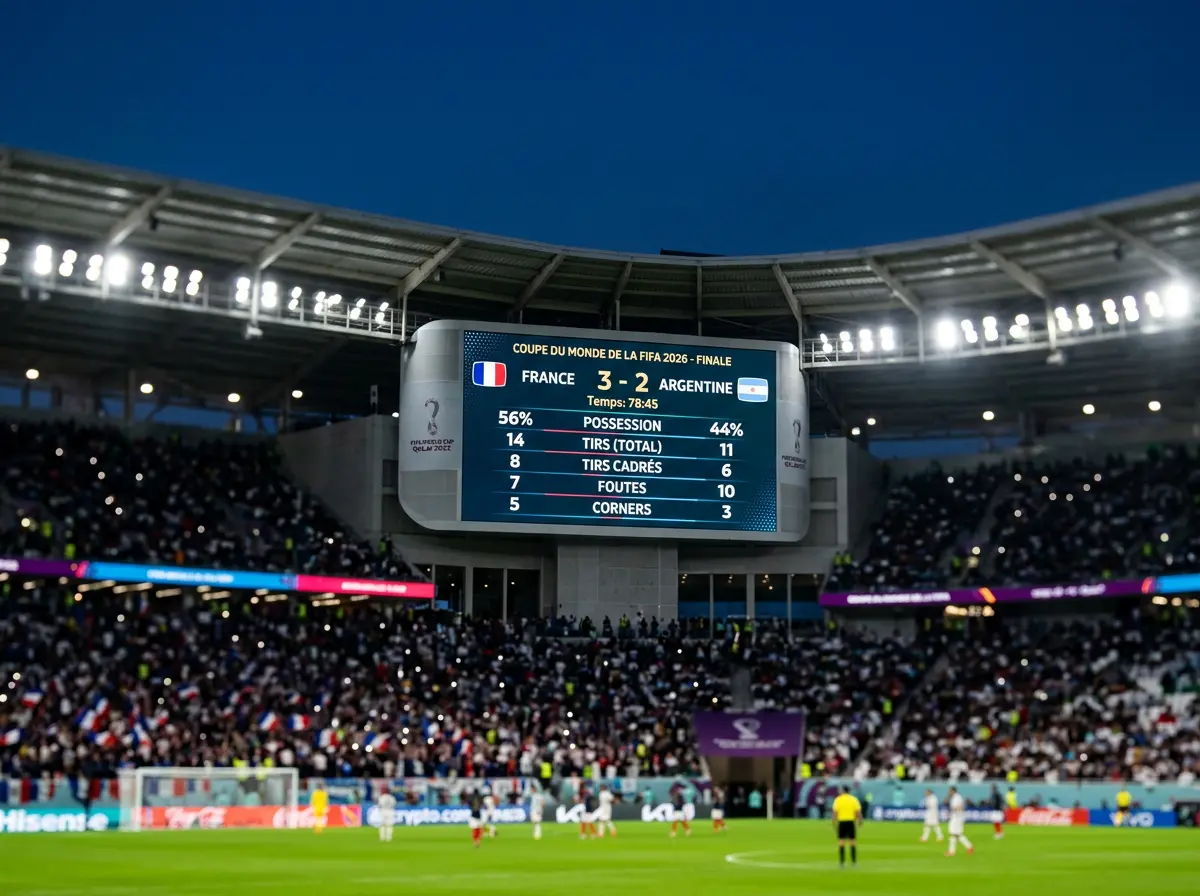 Tableau d'affichage lumineux montrant les scores et statistiques d'un match de football